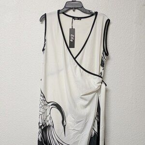 Lily Black & White Sleeveless Crane Print Wrap Midi Dress with Tie Belt - Large